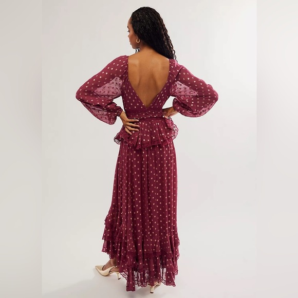 FREE PEOPLE x ROCOCO SAND Emi Burgundy Metallic Long Sleeve Maxi Dress L - Picture 14 of 14